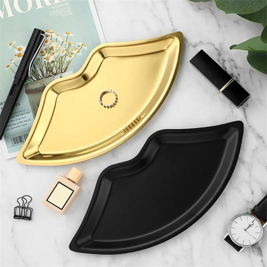 Korean Style 1PC Stainless Steel Lip Shaped Jewelry Storage Tray Home Cosmetics Metal Necklace Earrings Tray Kitchen Organizer
