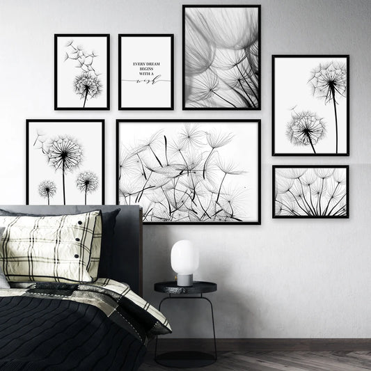 Dandelion Flower Black and White Decorative Canvas Art Print Poster Nordic Modern Painting Wall Elegant Picture for Living Room