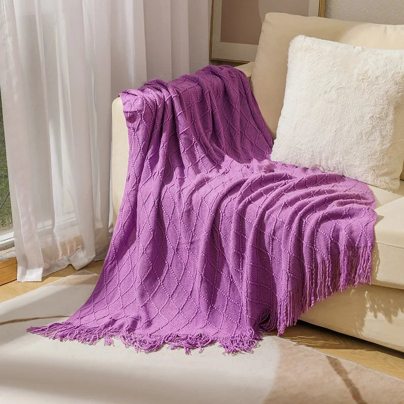 Green Knitted Throw Blanket for Beds with Tassel Gray Blue Solid Textured Plaid Sofa Cover Nordic Bed End Decor Soft Nap Blanket