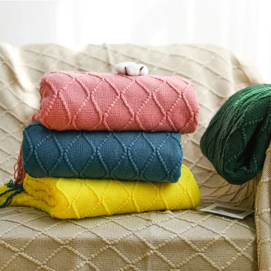 Green Knitted Throw Blanket for Beds with Tassel Gray Blue Solid Textured Plaid Sofa Cover Nordic Bed End Decor Soft Nap Blanket