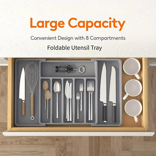 Silverware Drawer Organizer, Adjustable Expandable Utensil Tray, Plastic Cutlery Storage for Flatware, Knives, Spoons, Gadgets