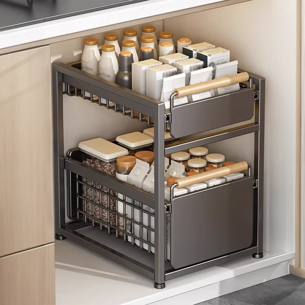 2 Tier Pull Out Cabinet Holder Adjustable Kitchen Storage Rack Under Sink Organizer Spice Jar Storage Rack Slide Drawer Shelf ﻿