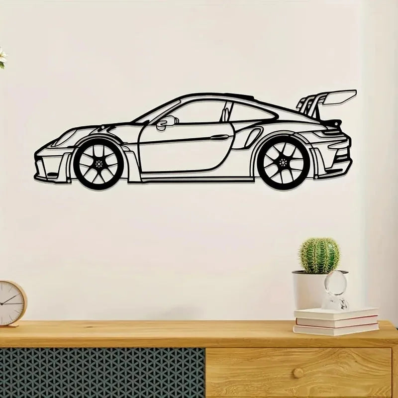Contemporary Metal Wall Art: 911 Sports Car Silhouette for Auto Enthusiasts
