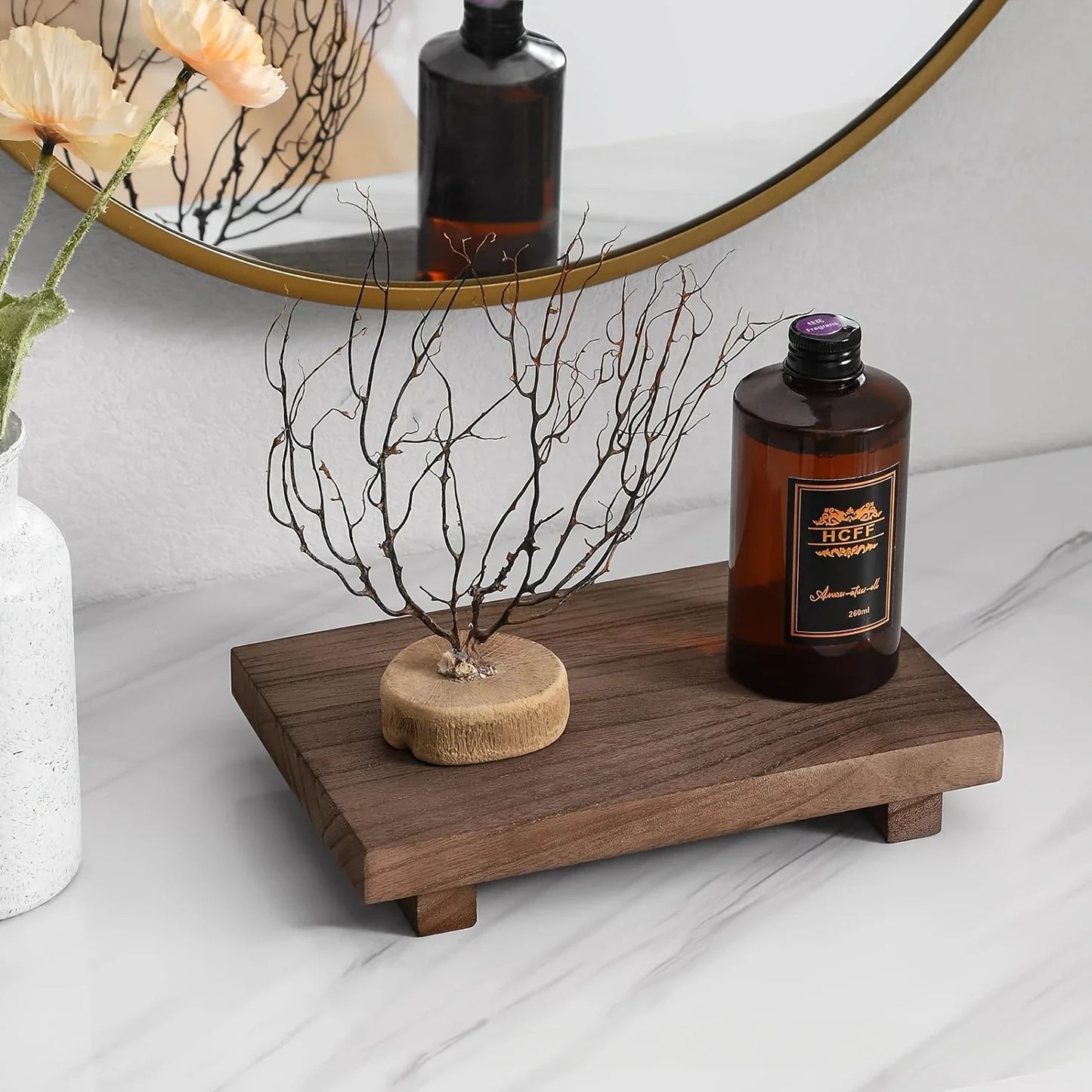 Wood Tray Pedestal Stand Bathroom Decor Wooden Vanity Hands Soap Scented Candle Storage Holder Tray Kitchen Seasoning Holder