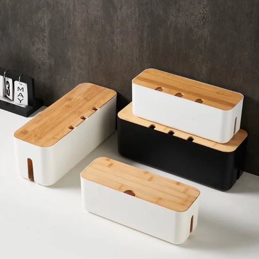 Hide Wires Desk Computer Cable Organizer Box Bamboo Cover Wire Junction Board Storage Box for Phone Cable Cable Management Box