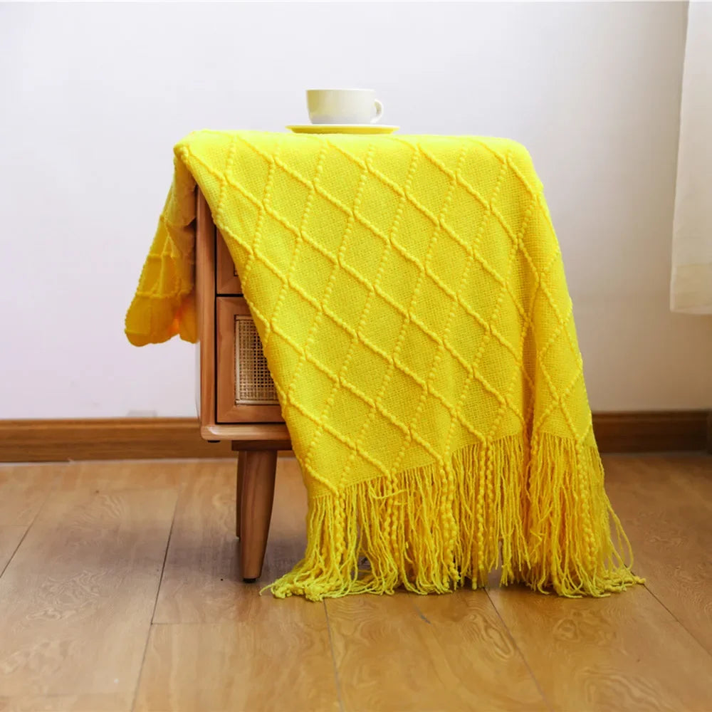 Green Knitted Throw Blanket for Beds with Tassel Gray Blue Solid Textured Plaid Sofa Cover Nordic Bed End Decor Soft Nap Blanket