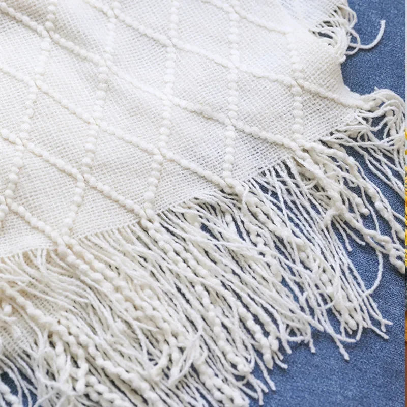 Green Knitted Throw Blanket for Beds with Tassel Gray Blue Solid Textured Plaid Sofa Cover Nordic Bed End Decor Soft Nap Blanket