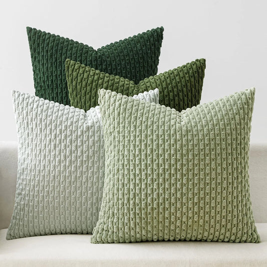 Spring Decorative Throw Pillow Covers Farmhouse Boho Home Decor Striped Corduroy Square Pillowcases 20 X 20 Inch Green