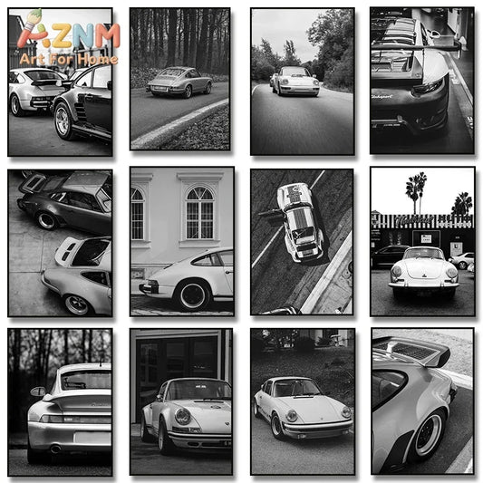 AZNM Vintage Porsche Classic Car Wall Art Print, Single Unframed Canvas Poster, Featuring Black and White Photography of Retro P