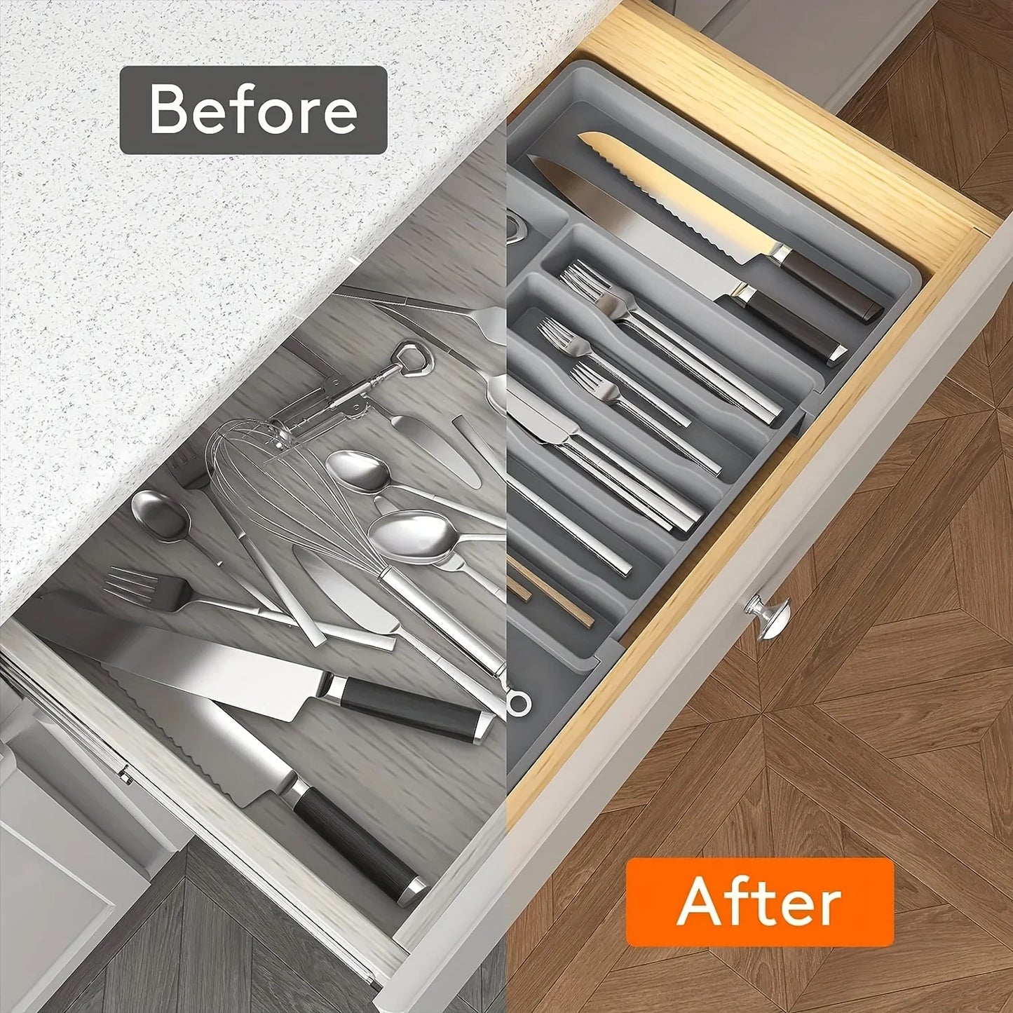 Silverware Drawer Organizer, Adjustable Expandable Utensil Tray, Plastic Cutlery Storage for Flatware, Knives, Spoons, Gadgets