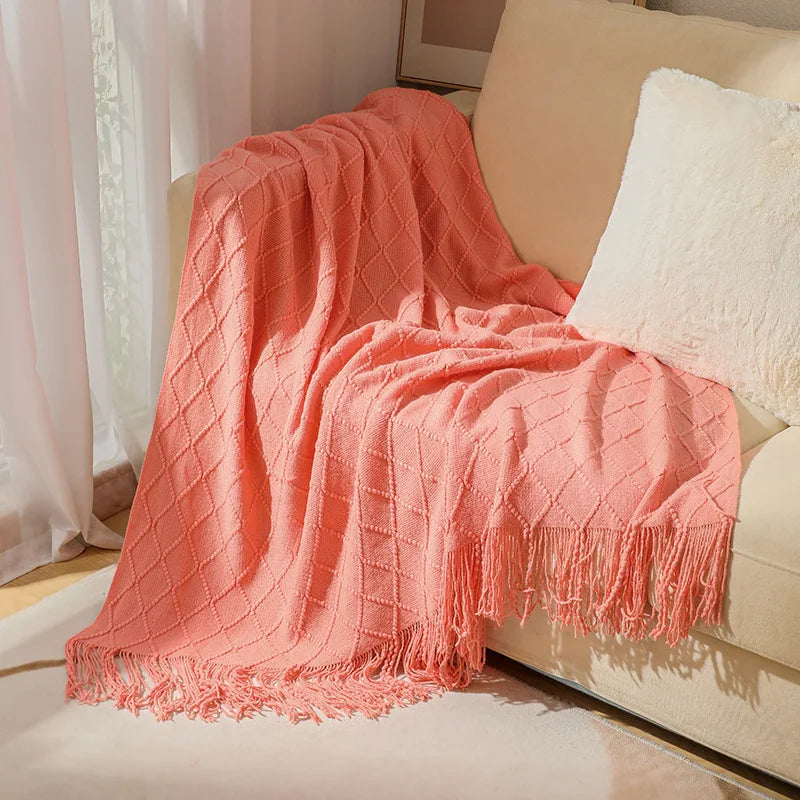 Green Knitted Throw Blanket for Beds with Tassel Gray Blue Solid Textured Plaid Sofa Cover Nordic Bed End Decor Soft Nap Blanket