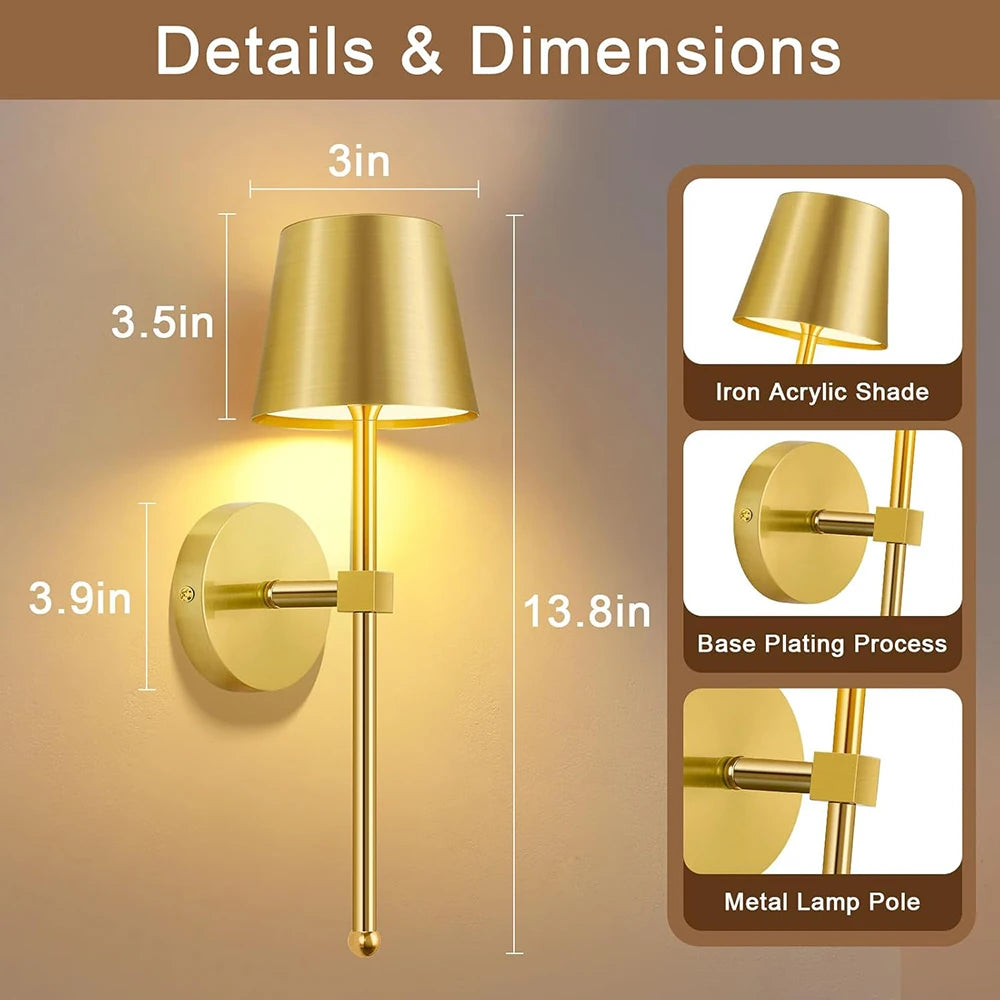 2X Operated Wall Sconce, Gold Rechargeable Wall Lights with Dimmable Bulbs and Remote, 15 Colors Wireless Wall Lamps for Bedroom