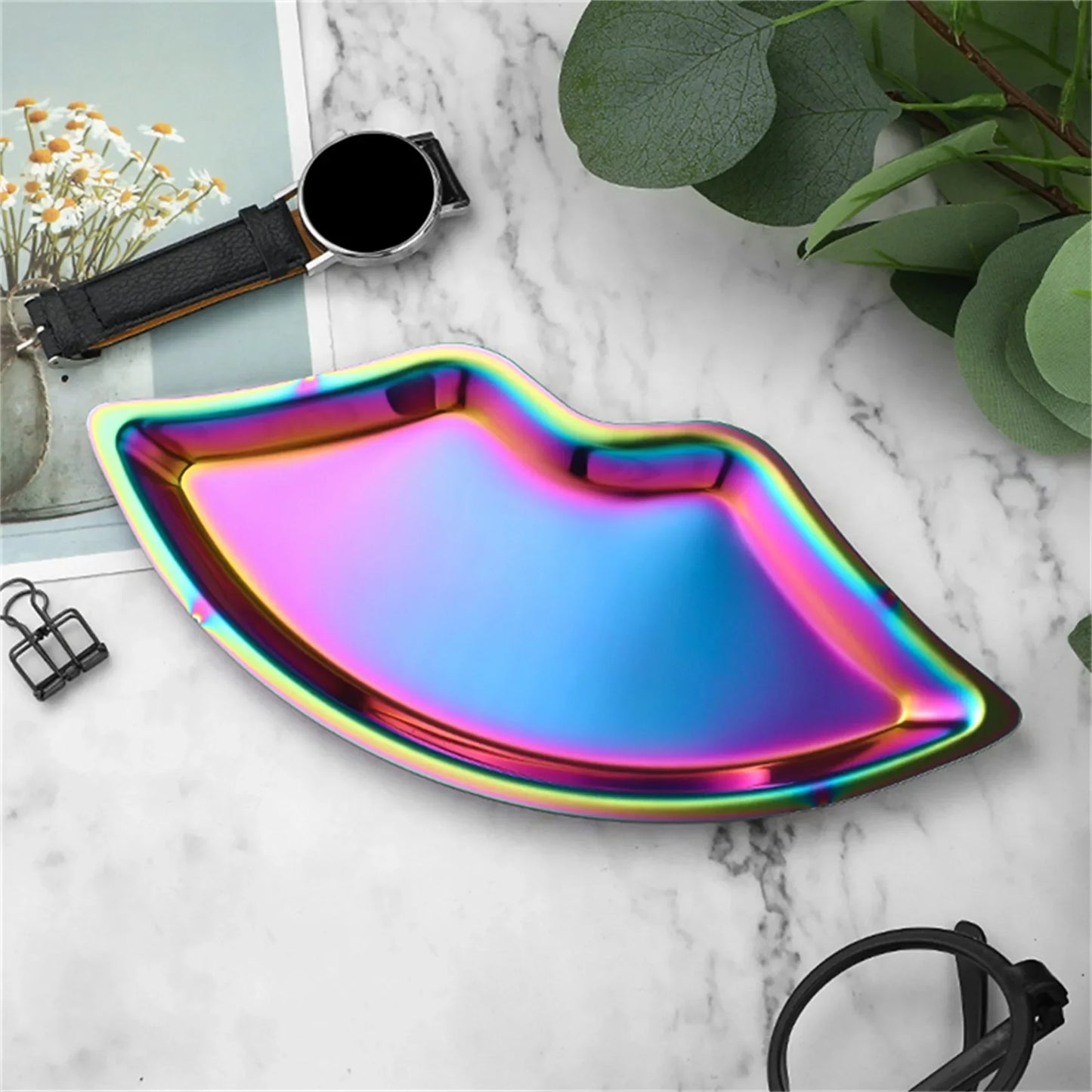 Korean Style 1PC Stainless Steel Lip Shaped Jewelry Storage Tray Home Cosmetics Metal Necklace Earrings Tray Kitchen Organizer