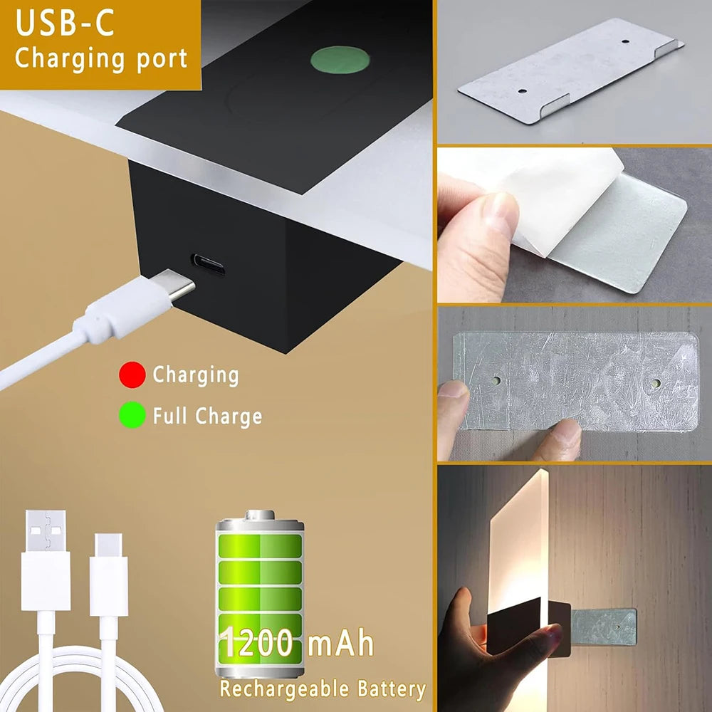 2PCS USB Rechargeable Wall Lamp Touch Motion Sensor Switch Indoor Acrylic Night Light Bedroom Bedside Wall Sconce LED Wall Light