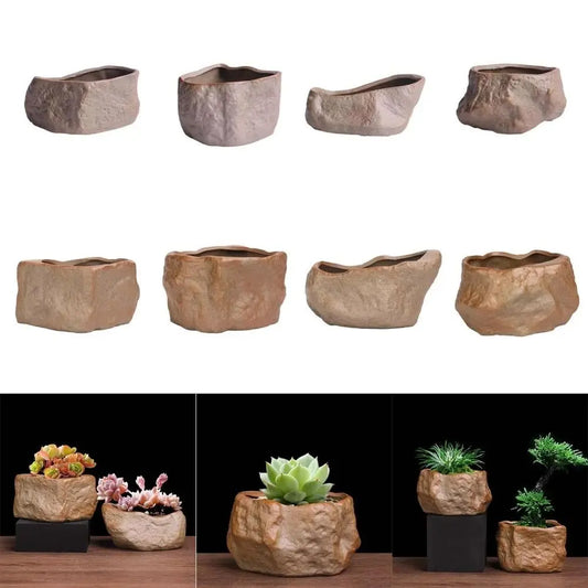 Ceramic Succulent Plant Pots Stone Shape with Drainage Hole Plants Growing Container Wear Resistant Plant Flower Pot