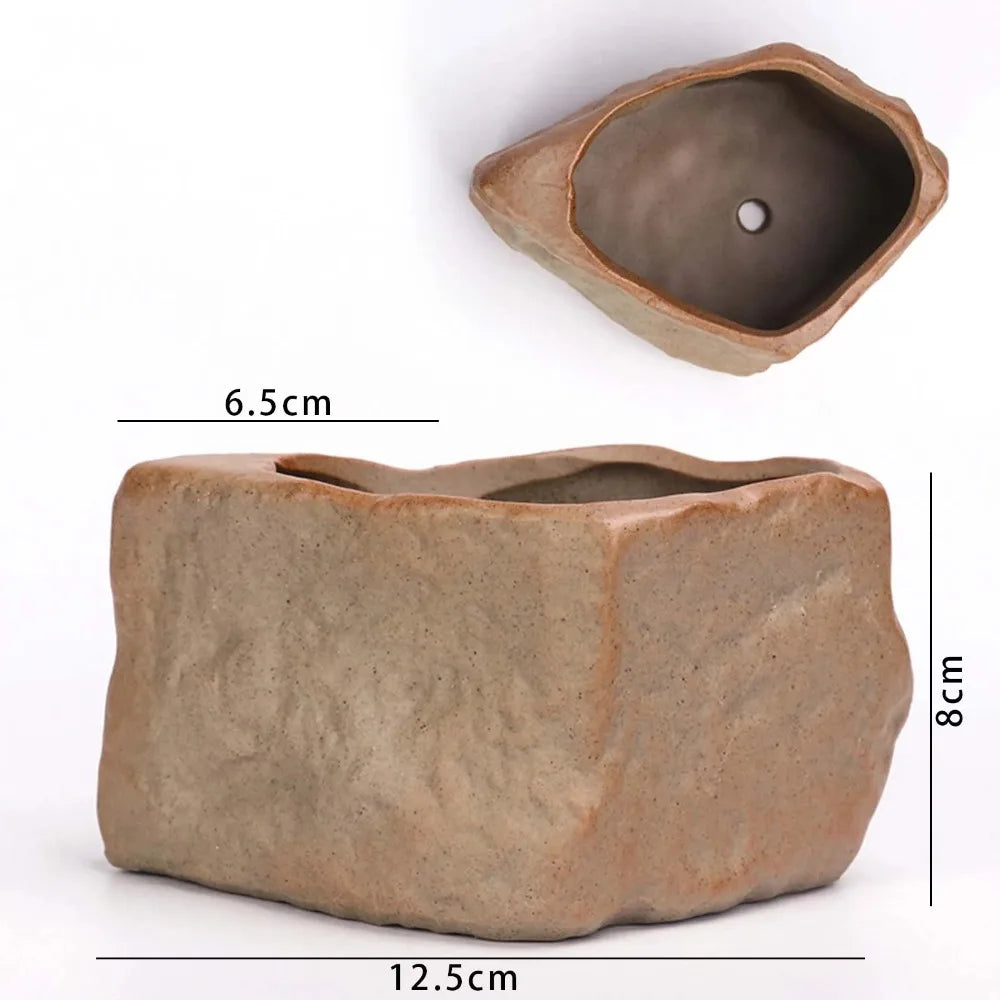 Ceramic Succulent Plant Pots Stone Shape with Drainage Hole Plants Growing Container Wear Resistant Plant Flower Pot
