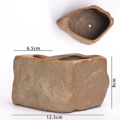 Ceramic Succulent Plant Pots Stone Shape with Drainage Hole Plants Growing Container Wear Resistant Plant Flower Pot