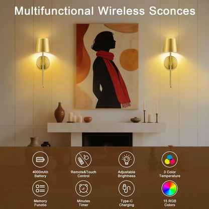 2X Operated Wall Sconce, Gold Rechargeable Wall Lights with Dimmable Bulbs and Remote, 15 Colors Wireless Wall Lamps for Bedroom
