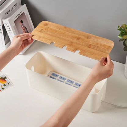 Hide Wires Desk Computer Cable Organizer Box Bamboo Cover Wire Junction Board Storage Box for Phone Cable Cable Management Box