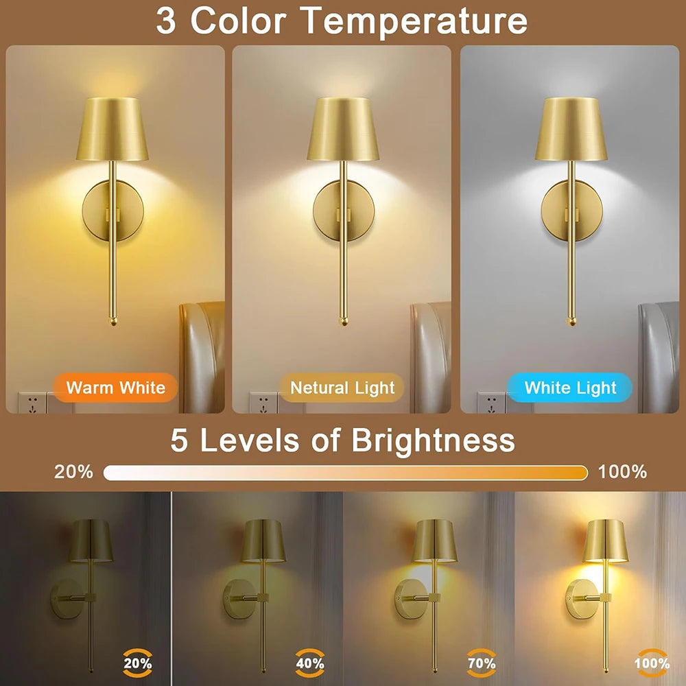 2X Operated Wall Sconce, Gold Rechargeable Wall Lights with Dimmable Bulbs and Remote, 15 Colors Wireless Wall Lamps for Bedroom