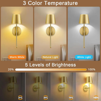 2X Operated Wall Sconce, Gold Rechargeable Wall Lights with Dimmable Bulbs and Remote, 15 Colors Wireless Wall Lamps for Bedroom