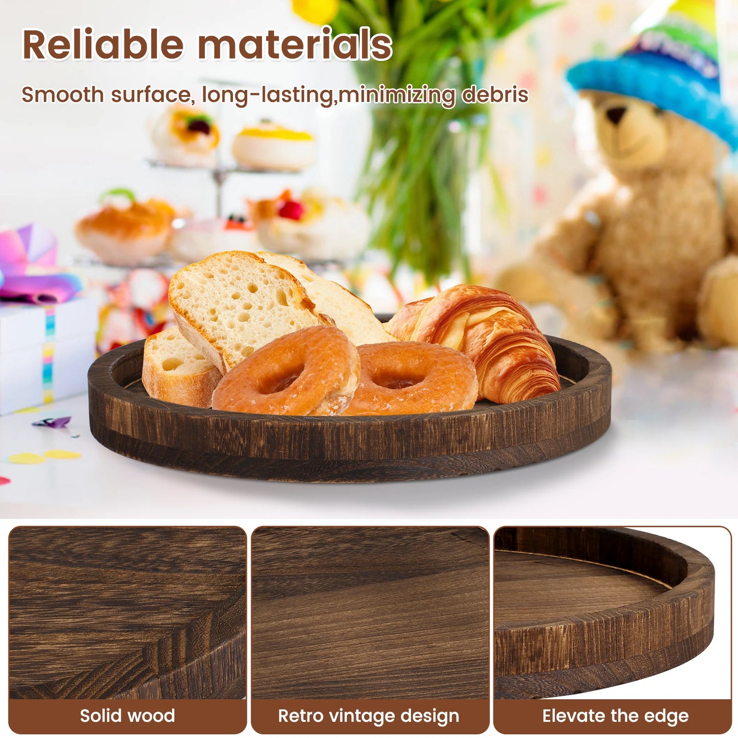 30 CM Round Wooden Tray Retro Decorative Coffee Meal Trays Serving Platter Multipurpose Candle Holder Trays for Table Home Decor