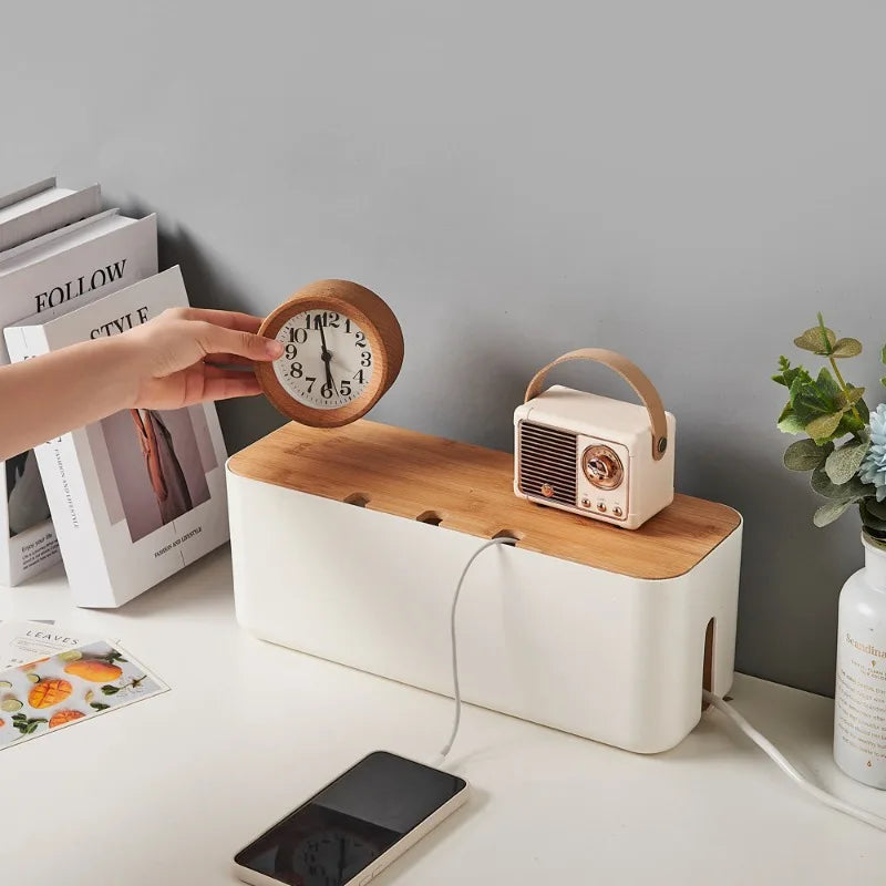 Hide Wires Desk Computer Cable Organizer Box Bamboo Cover Wire Junction Board Storage Box for Phone Cable Cable Management Box
