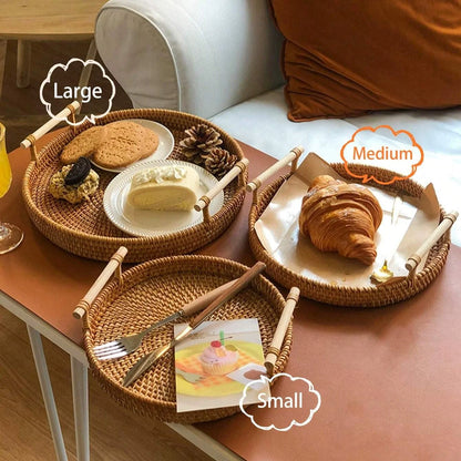Handwoven Rattan Tray & Food Storage Basket | Eco-Friendly Kitchen Organizer with Lid, Farmhouse Home Decor