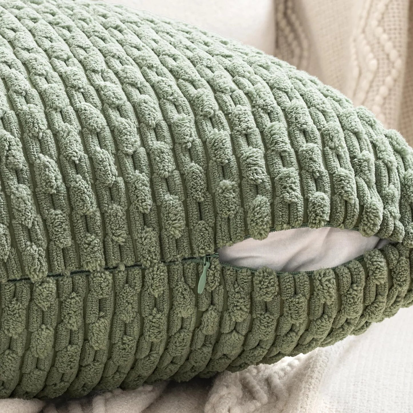 Spring Decorative Throw Pillow Covers Farmhouse Boho Home Decor Striped Corduroy Square Pillowcases 20 X 20 Inch Green
