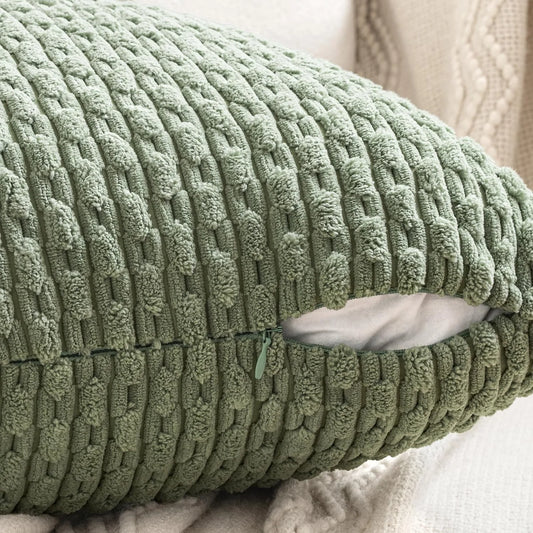 Spring Decorative Throw Pillow Covers Farmhouse Boho Home Decor Striped Corduroy Square Pillowcases 20 X 20 Inch Green