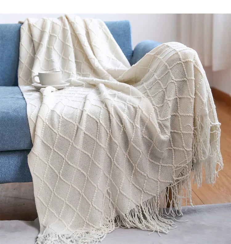 Green Knitted Throw Blanket for Beds with Tassel Gray Blue Solid Textured Plaid Sofa Cover Nordic Bed End Decor Soft Nap Blanket