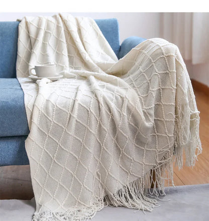 Green Knitted Throw Blanket for Beds with Tassel Gray Blue Solid Textured Plaid Sofa Cover Nordic Bed End Decor Soft Nap Blanket