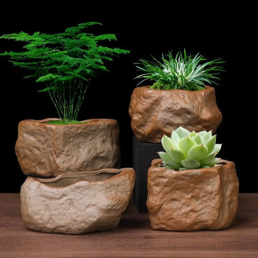 Ceramic Succulent Plant Pots Stone Shape with Drainage Hole Plants Growing Container Wear Resistant Plant Flower Pot