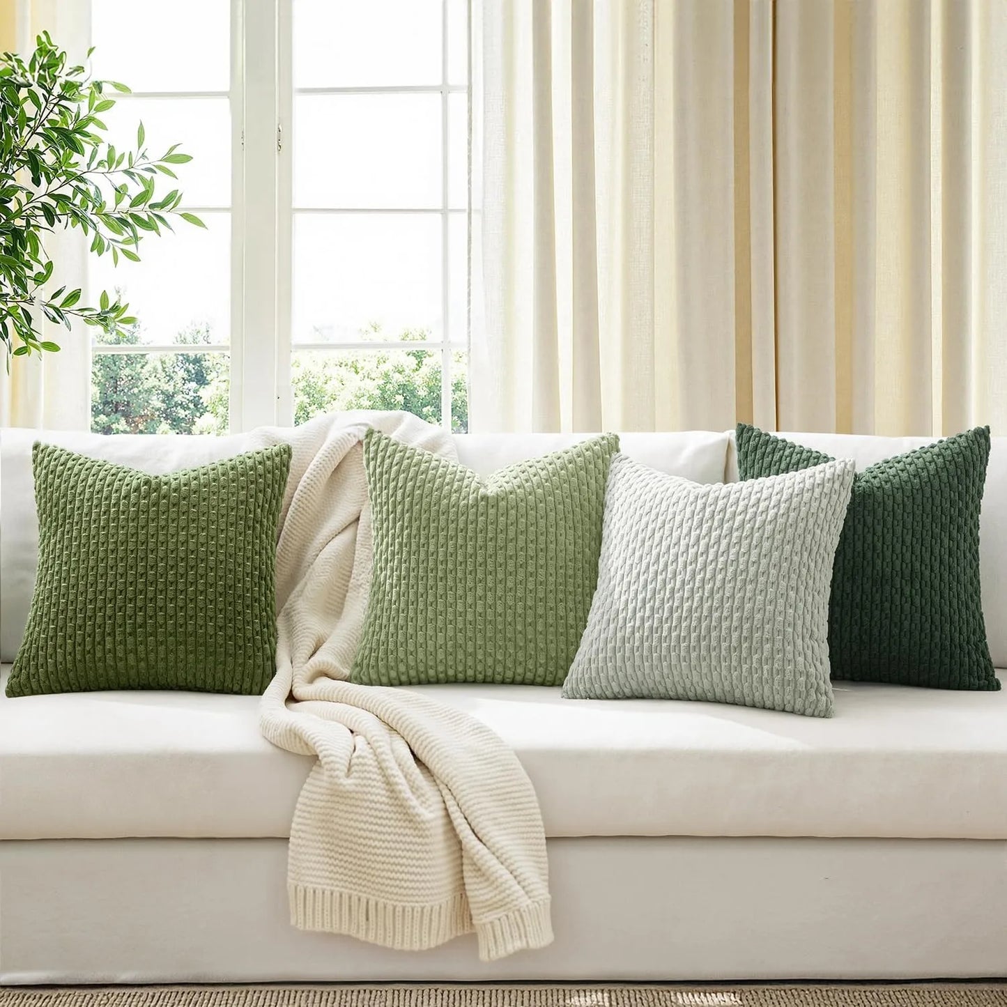 Spring Decorative Throw Pillow Covers Farmhouse Boho Home Decor Striped Corduroy Square Pillowcases 20 X 20 Inch Green