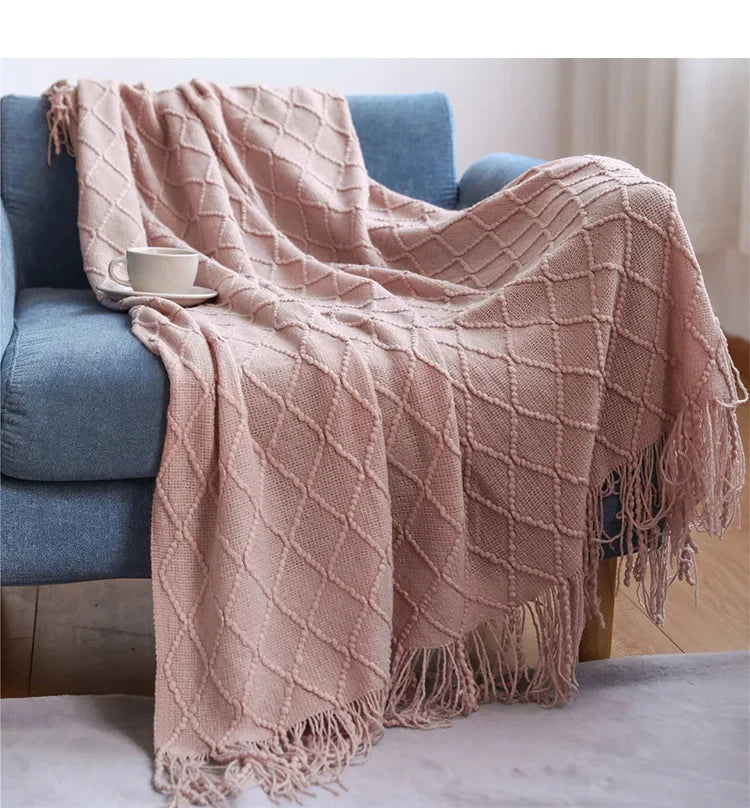Green Knitted Throw Blanket for Beds with Tassel Gray Blue Solid Textured Plaid Sofa Cover Nordic Bed End Decor Soft Nap Blanket