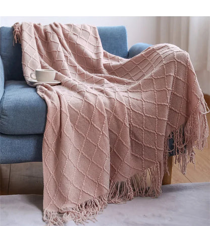 Green Knitted Throw Blanket for Beds with Tassel Gray Blue Solid Textured Plaid Sofa Cover Nordic Bed End Decor Soft Nap Blanket