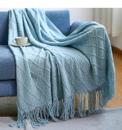 Green Knitted Throw Blanket for Beds with Tassel Gray Blue Solid Textured Plaid Sofa Cover Nordic Bed End Decor Soft Nap Blanket