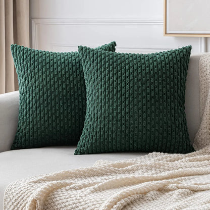 Spring Decorative Throw Pillow Covers Farmhouse Boho Home Decor Striped Corduroy Square Pillowcases 20 X 20 Inch Green