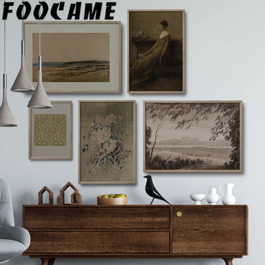 European Vintage Flower Landscape Luxury Canvas Wall Art Poster Print Decorative Painting Picture for Living Room Elegant Decor
