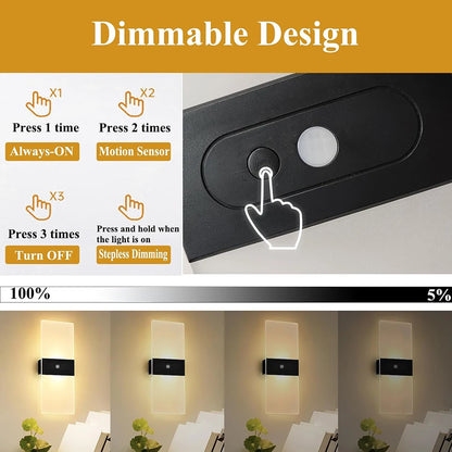 2PCS USB Rechargeable Wall Lamp Touch Motion Sensor Switch Indoor Acrylic Night Light Bedroom Bedside Wall Sconce LED Wall Light
