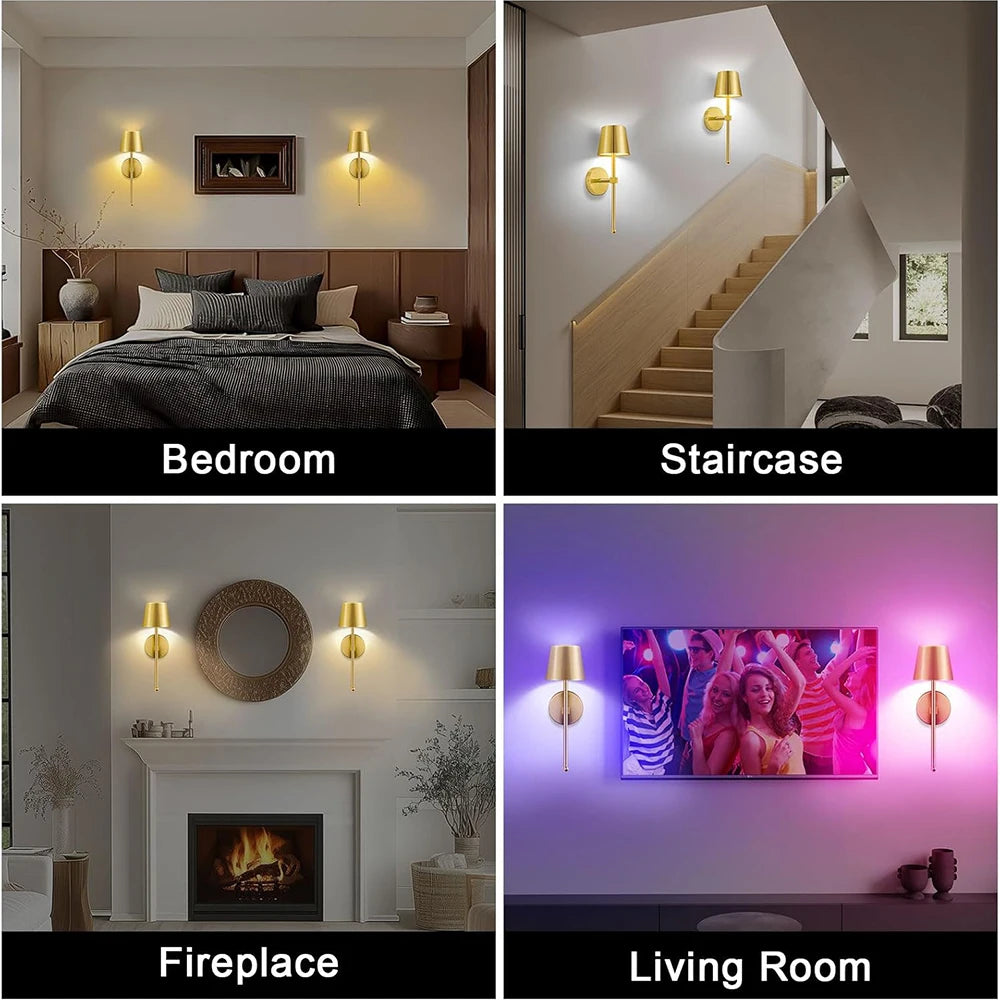 2X Operated Wall Sconce, Gold Rechargeable Wall Lights with Dimmable Bulbs and Remote, 15 Colors Wireless Wall Lamps for Bedroom