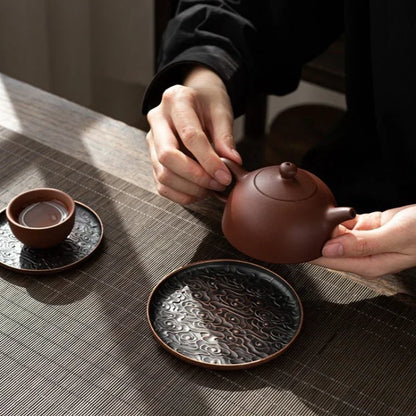 Retro Alloy Coaster Tea Cup Tray Round Japanese Teaware Accessories Insulation Pad Coffee Pad Tea Tray Home Desktop Decoration