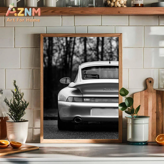 AZNM Vintage Porsche Classic Car Wall Art Print, Single Unframed Canvas Poster, Featuring Black and White Photography of Retro P