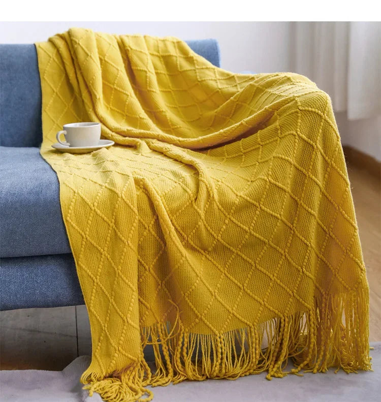 Green Knitted Throw Blanket for Beds with Tassel Gray Blue Solid Textured Plaid Sofa Cover Nordic Bed End Decor Soft Nap Blanket