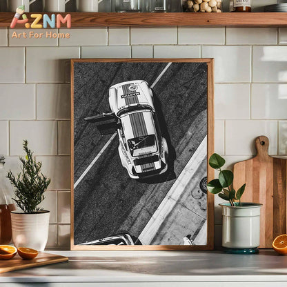 AZNM Vintage Porsche Classic Car Wall Art Print, Single Unframed Canvas Poster, Featuring Black and White Photography of Retro P