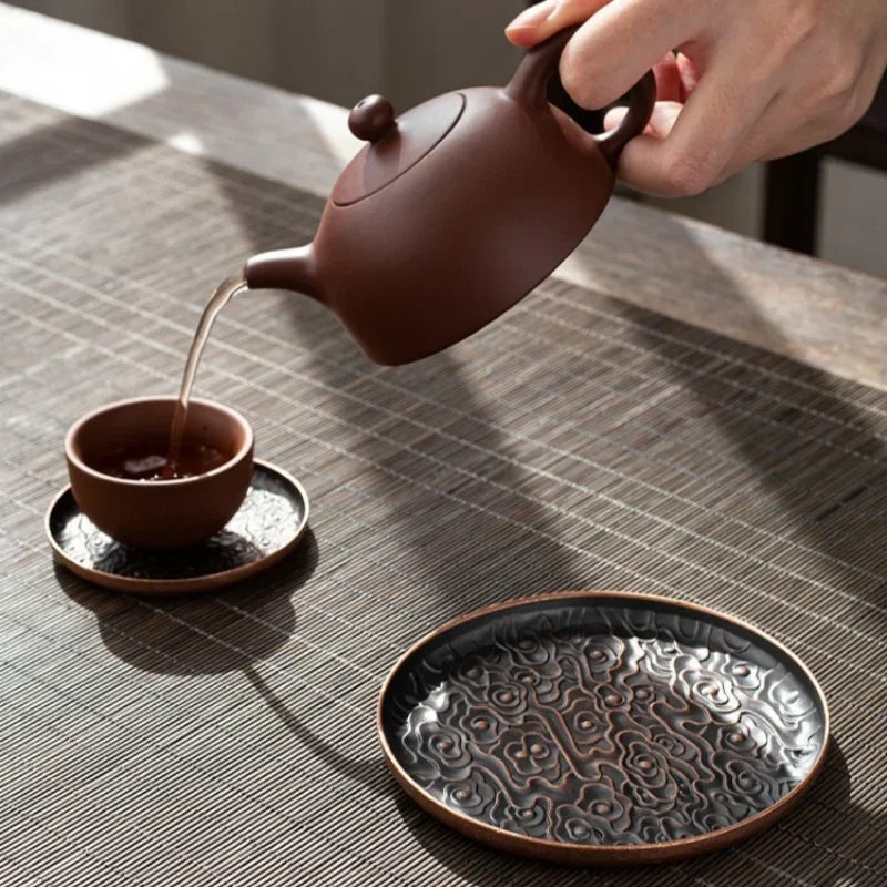 Retro Alloy Coaster Tea Cup Tray Round Japanese Teaware Accessories Insulation Pad Coffee Pad Tea Tray Home Desktop Decoration