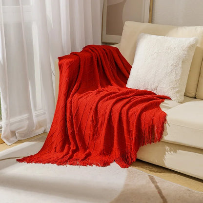 Green Knitted Throw Blanket for Beds with Tassel Gray Blue Solid Textured Plaid Sofa Cover Nordic Bed End Decor Soft Nap Blanket