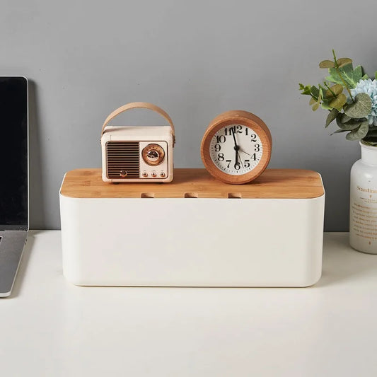 Hide Wires Desk Computer Cable Organizer Box Bamboo Cover Wire Junction Board Storage Box for Phone Cable Cable Management Box