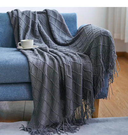 Green Knitted Throw Blanket for Beds with Tassel Gray Blue Solid Textured Plaid Sofa Cover Nordic Bed End Decor Soft Nap Blanket