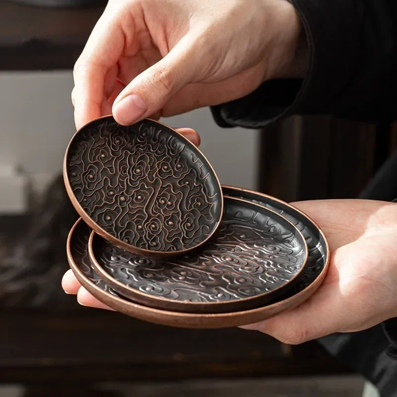 Retro Alloy Coaster Tea Cup Tray Round Japanese Teaware Accessories Insulation Pad Coffee Pad Tea Tray Home Desktop Decoration